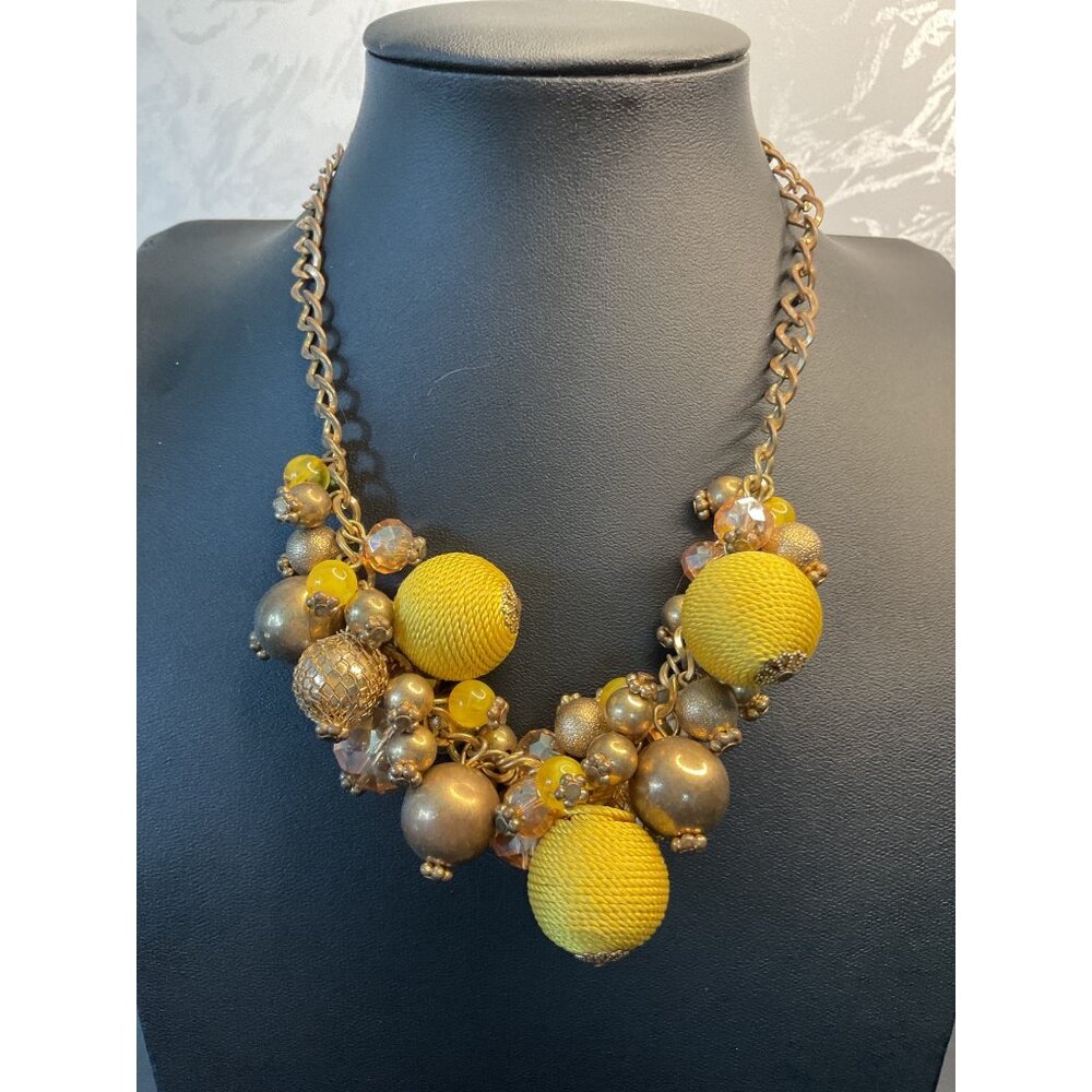 Vintage Statement Yellow & Bronze Beaded Chunky Necklace